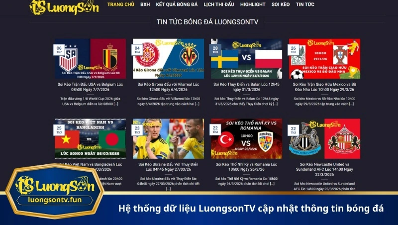 hệ thống dữ liệu LuongsonTV cập nhật thông tin bóng đá