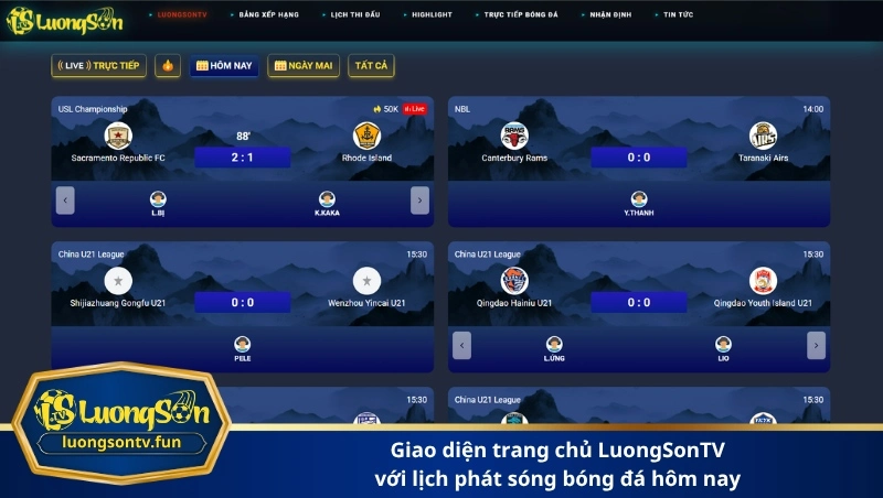 giao diện trang chủ LuongSonTV với lịch phát sóng bóng đá hôm nay